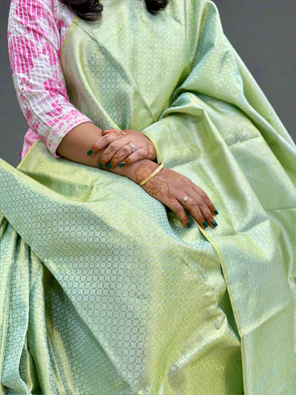 Handloom Borderless Pure Silk Saree in Sea Green with Zari Weaving – Elegant Bridal Saree