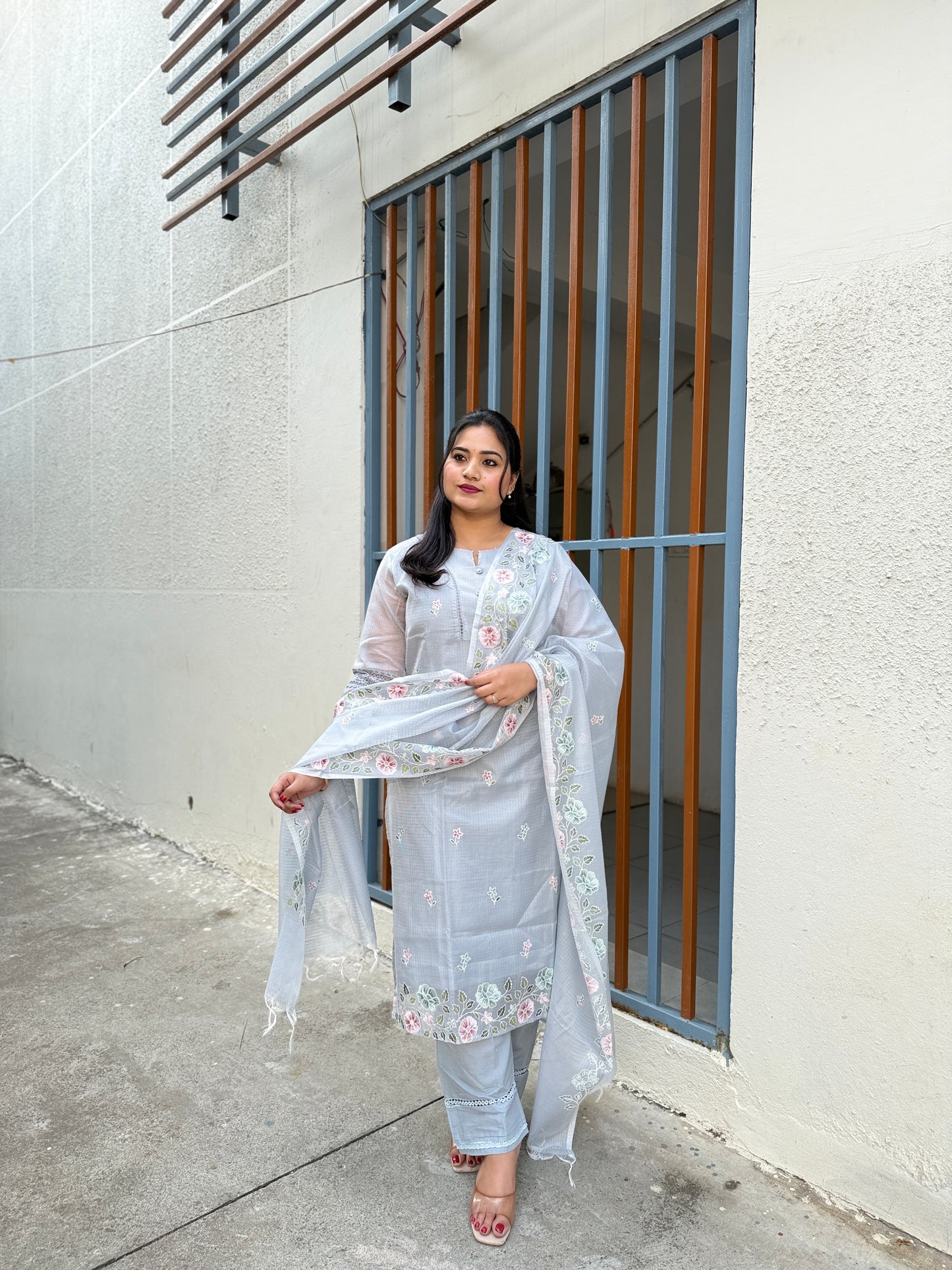Kota Doria Embroidered Suit Set with Dupatta for Women – Light Grey, Kurta Pant Dupatta