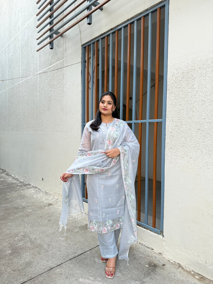 Kota Doria Embroidered Suit Set with Dupatta for Women – Light Grey, Kurta Pant Dupatta