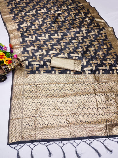 Organza Silk Zari Weaving Saree with Golden Butties, Silver Zari Pallu & Brocade Blouse