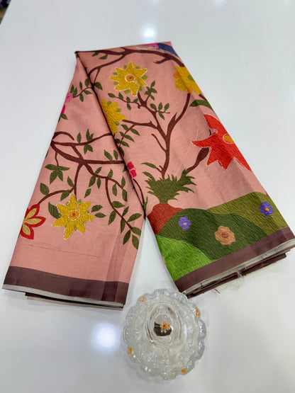 Assam silk saree for women with aari embroidery and paithani motifs, festive wear saree with blouse