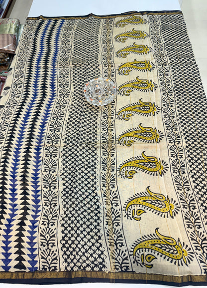 Pure Chanderi Silk Saree with Intricate Handblock Print and Blouse Piece – Traditional Wear for Women