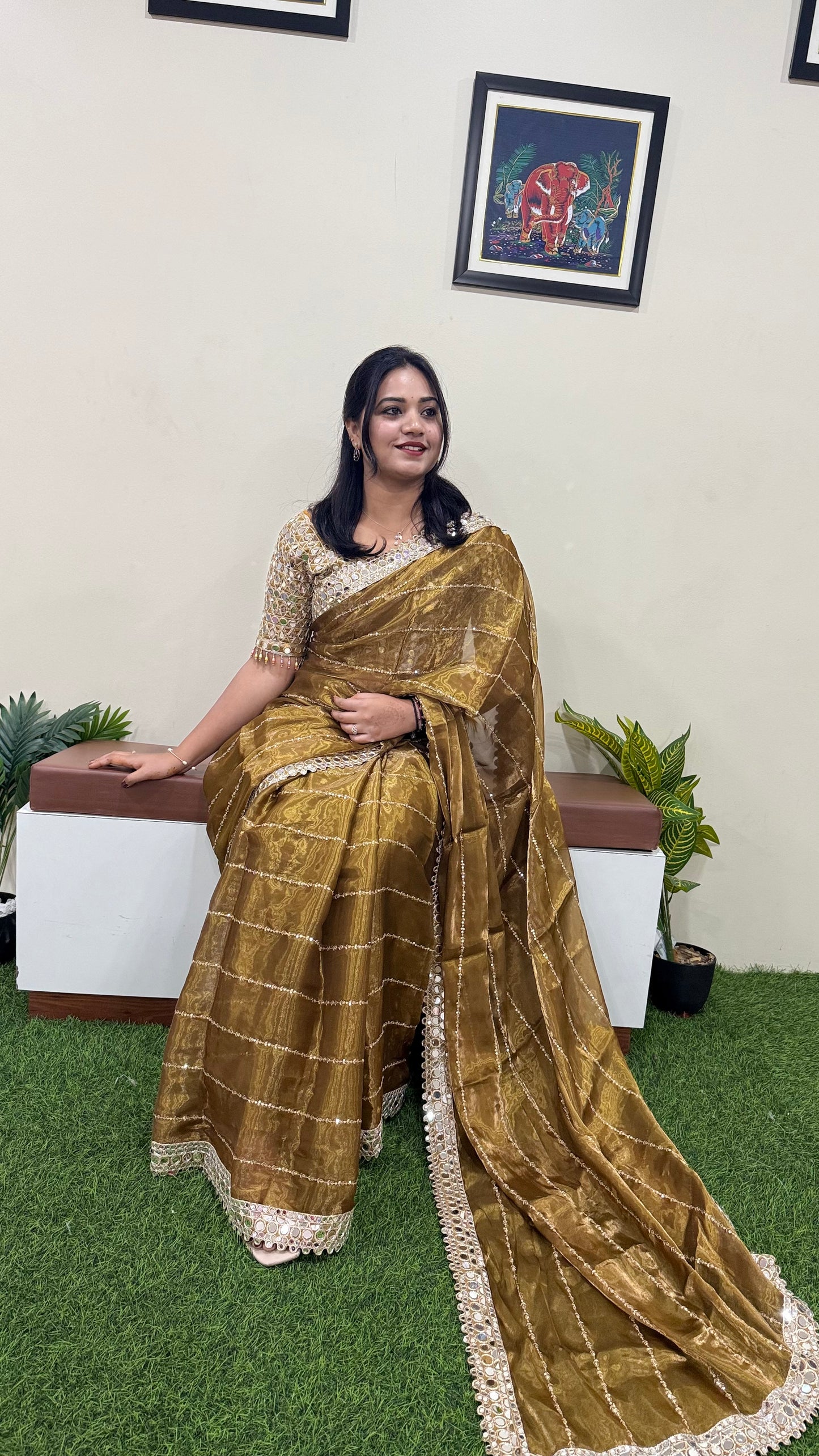 Soft Satin Organza Saree with Real Mirror Work Embroidery and Stitched Blouse – Festive Wear for Women