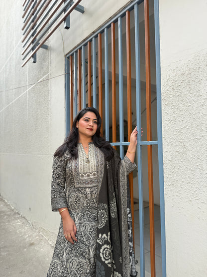 Women’s digital viscose silk kurta set with moti sequence handwork, pant and muslin dupatta, size 38–44