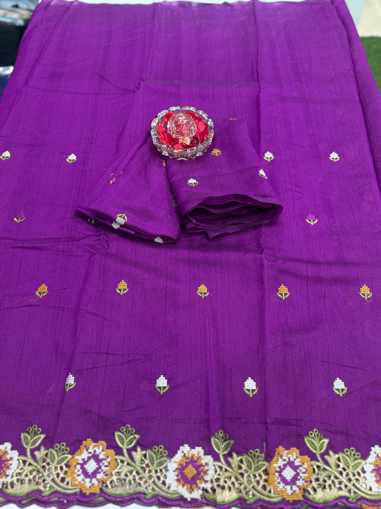 Matka Silk Saree with Embroidered Buttis, Cutwork Big Pallu, and All-Over Cutwork Panel
