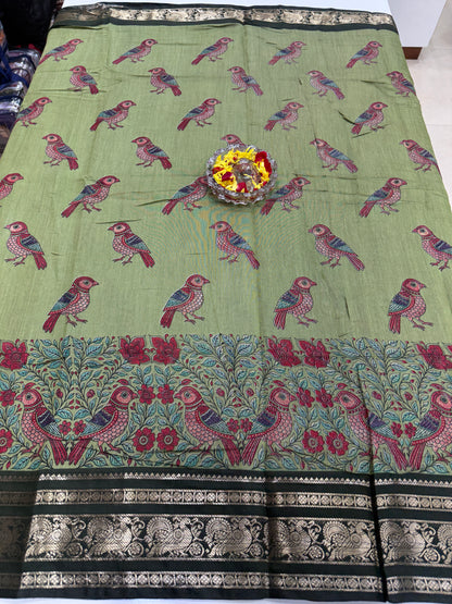 Venkatagiri style silk-blend printed saree with bird motifs and zari-style border, 6.3m women’s festive saree