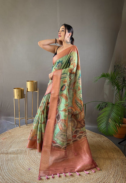 Tussar Silk Saree with Hand-Painted Style Kalamkari Print, Zari Border, and Contrast Blouse