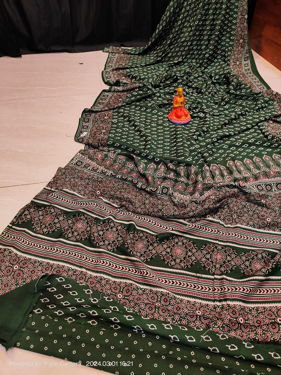 Semi Modal Silk Saree with Hand Block Prints and Contrast Blouse for Women