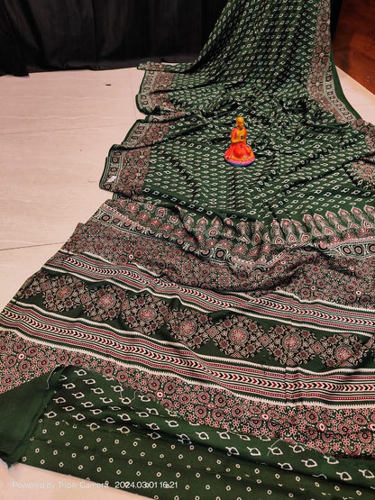 Semi Modal Silk Saree with Hand Block Prints and Contrast Blouse for Women
