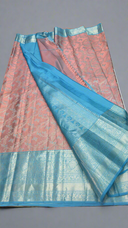 Handloom Kanchi Silk Saree with Silver Zari Double Warp in Peach Pink for Women