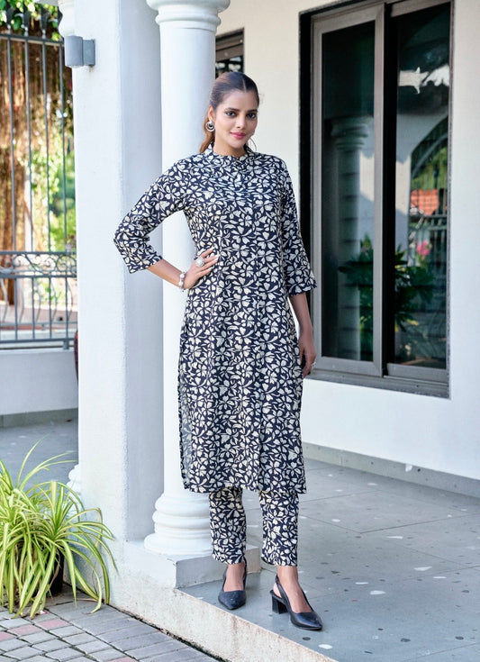 Heavy Viscose Printed Co-Ord Set with Mandarin Collar, Button Detailing, and Side Pocket – Ethnic Wear for Women (XL to 3XL)
