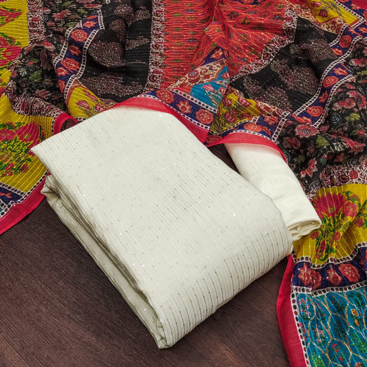 Unstitched Chanderi Dress Material with Crochet Work, Micro Fabric Bottom and Chanderi Digital Print Dupatta