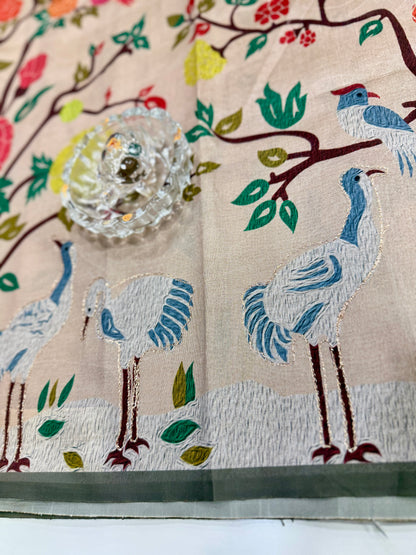 Assam silk saree for women with aari embroidery and paithani motifs, festive wear saree with blouse