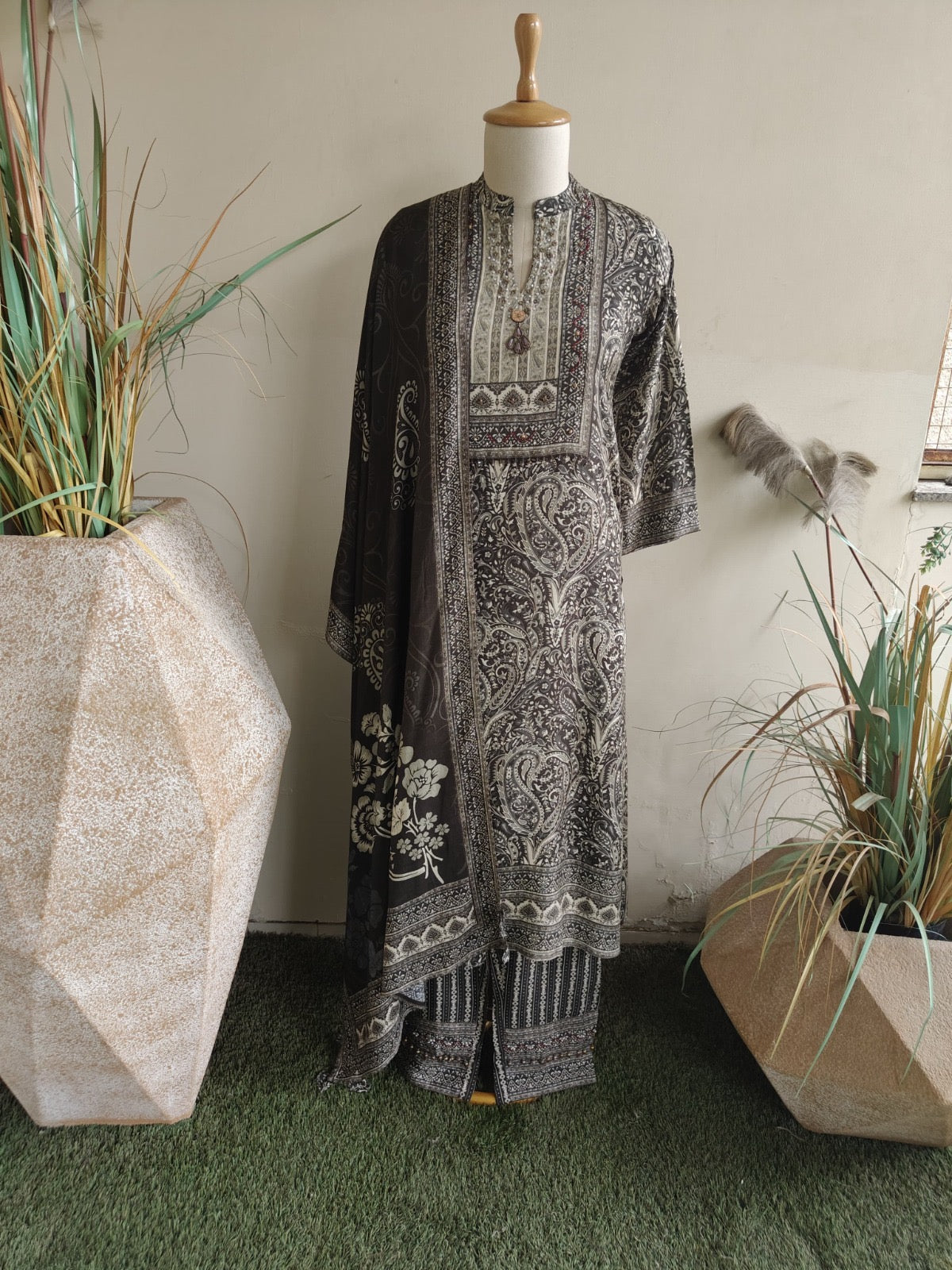 Women’s digital viscose silk kurta set with moti sequence handwork, pant and muslin dupatta, size 38–44