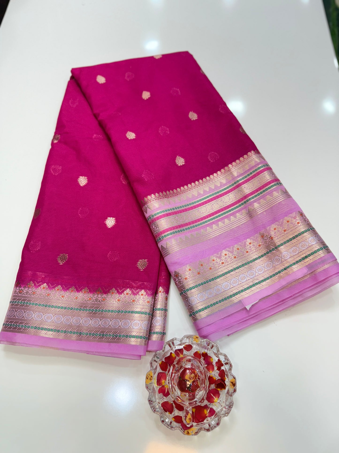 Banarasi Semi-Georgette Silk Saree with Gold Zari Weaving and Meenakari Border – Traditional Festive Saree for Women