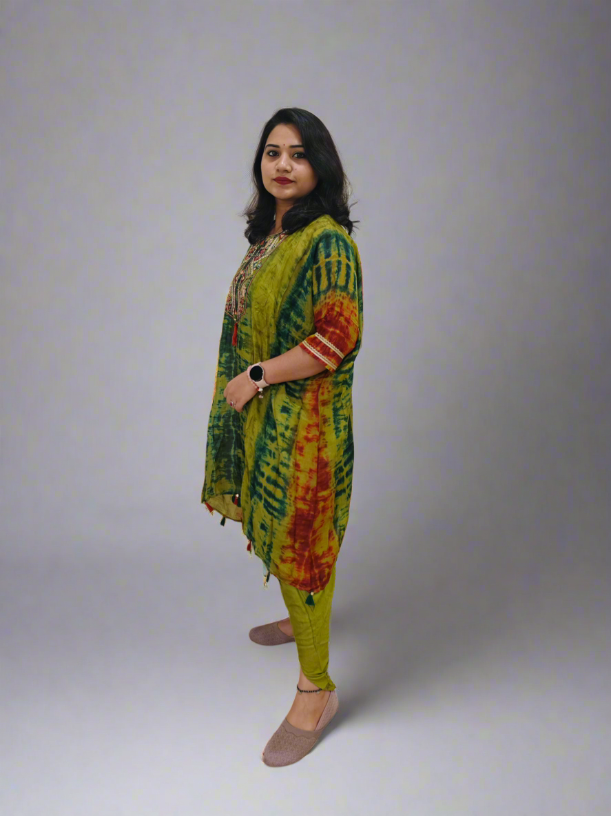 Habutai Silk Kaftan Kurti with Tulip Pant Set Featuring Mirror Embroidery and Tassels