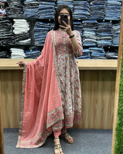 Pure Cotton Anarkali Suit Set with Hand Embroidery, Zari Weaving & Lace Dupatta – Sizes L to 3XL