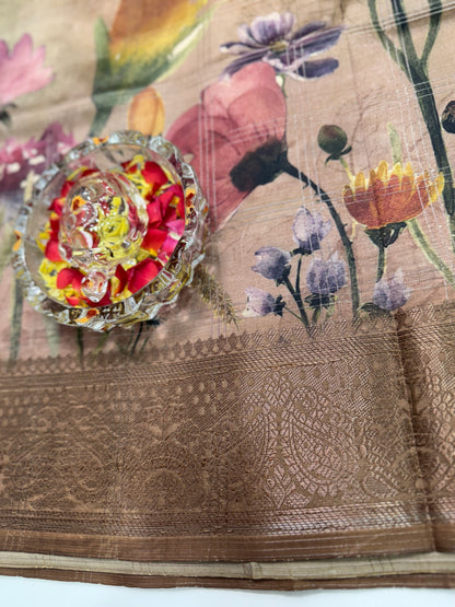 Bamboo Silk Saree with Chex Texture and Rich Pallu – Digital Floral Print Saree for Women