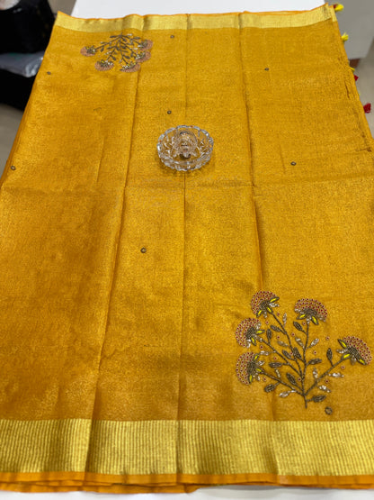 Pure Tissue 150 Count Linen Handloom Saree with Handwork and Running Blouse for Women