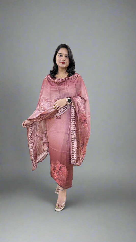 Unstitched Viscose Muslin Shimmer Dress Material with Digital Print, Aari Sequins Mirror Work and Dupatta