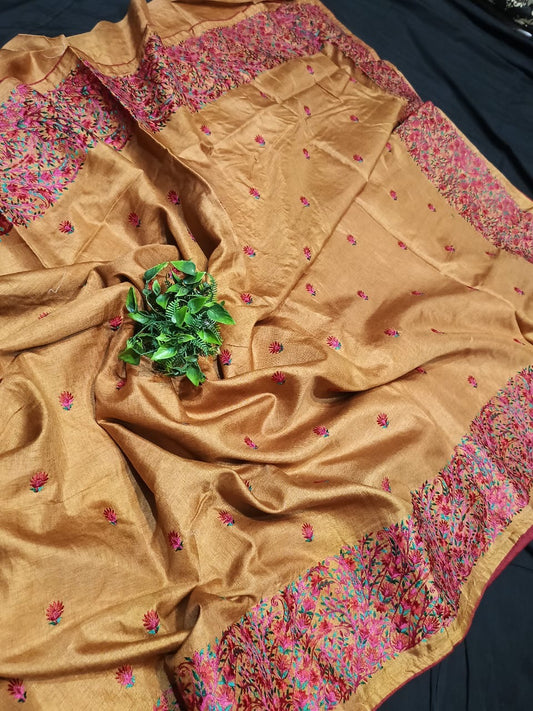 Semi Tussar Silk Saree with Heavy Kashmiri Embroidery and Contrast Red Blouse for Women