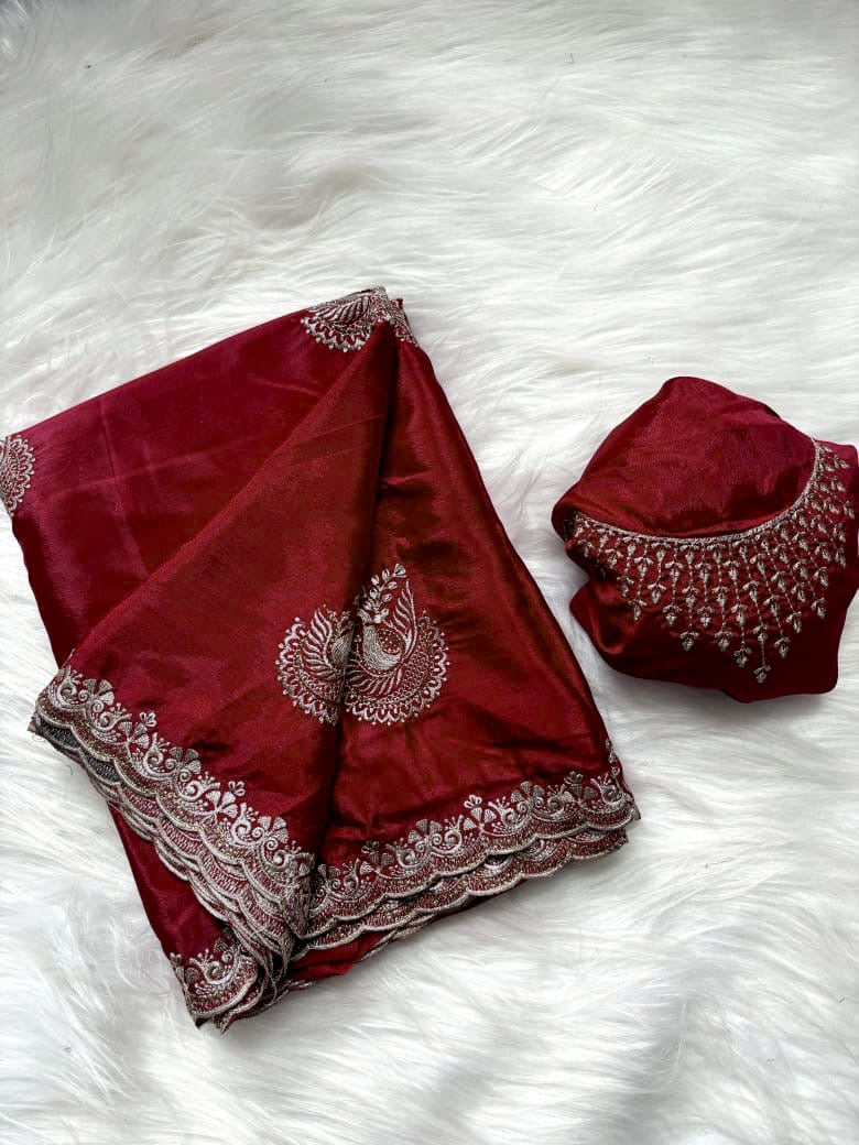 Pure Chinnon Saree with Embroidery, Work & Peacock Butta Motifs – Heavy Embroidered Blouse