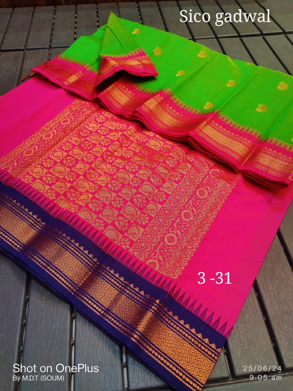 Cotton Silk Gadwal Saree with Traditional Weaving and Blouse Piece for Women