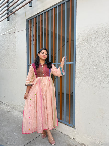 Pastel Panelled Cotton Dress with Checkered Yoke and Hand-Embroidered Motifs – Women’s Full Sleeve Casual Wear