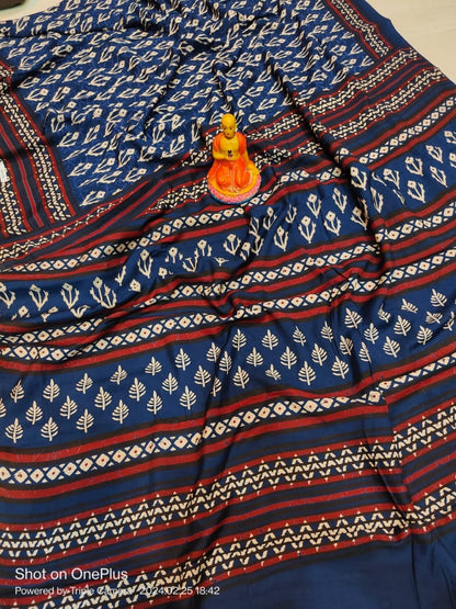 Semi Modal Silk Saree with Hand Block Prints and Contrast Blouse for Women