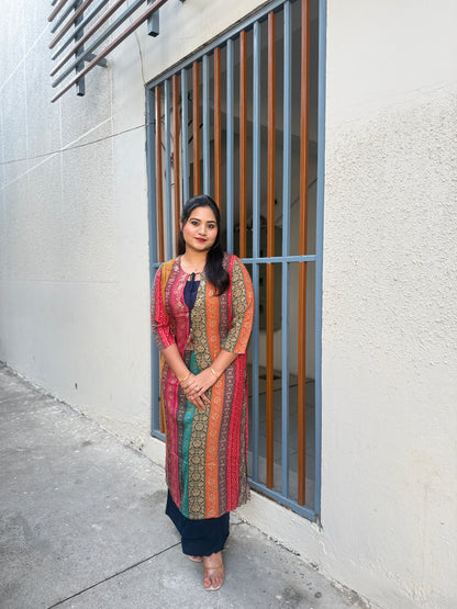 German Rayon Printed Kurta Pant Set for Women with Detailing Work – Sizes 38–46