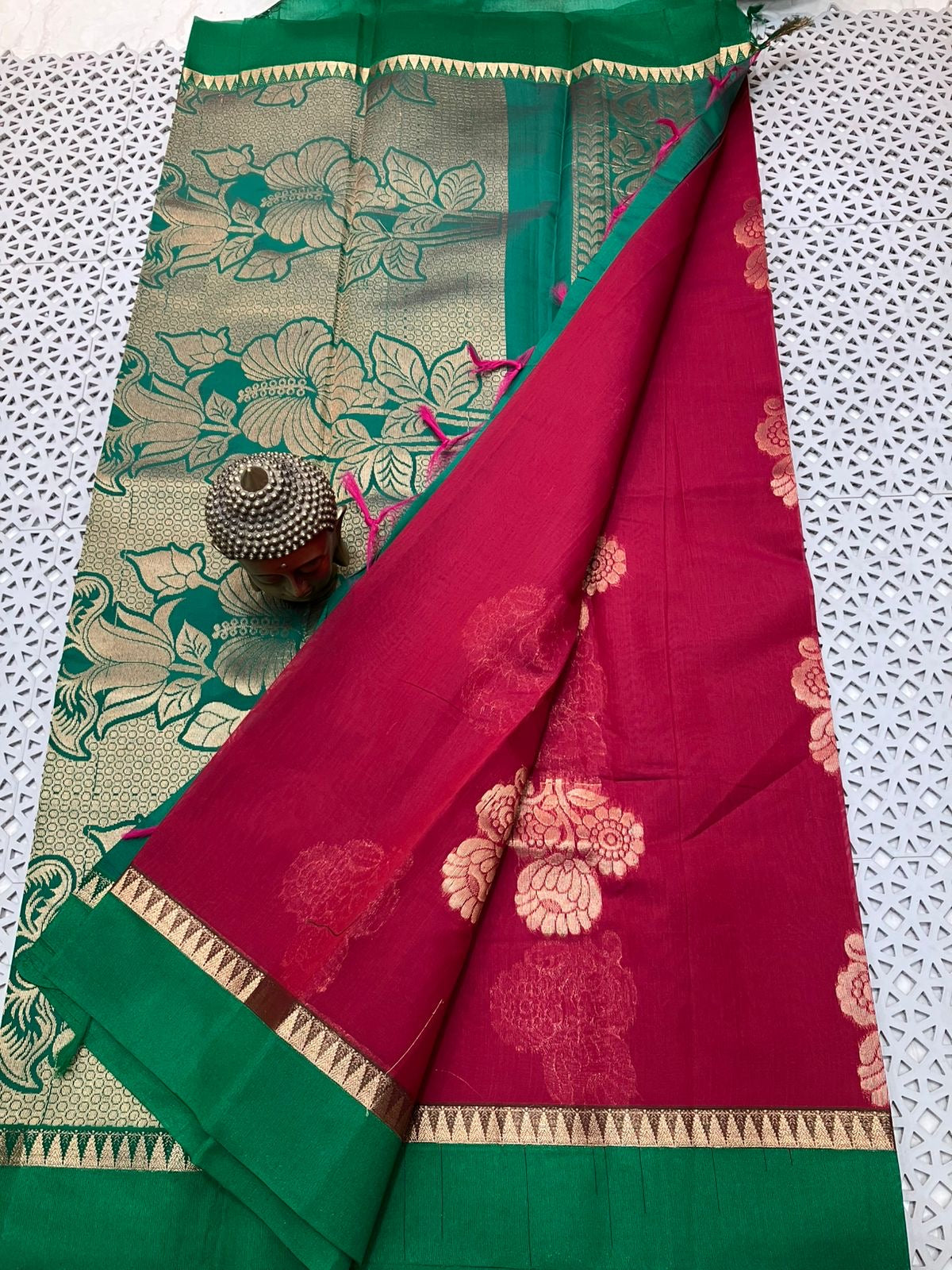 Mangalagiri Semi Pattu Saree with Kadi Border, Checks and Butta Weave for Women – Contrast Pallu and Blouse