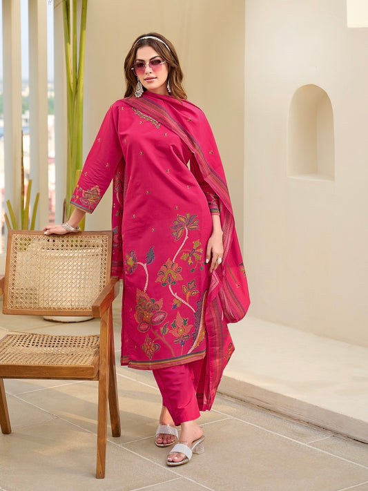 Modal Discharge Print Three-Piece Suit Set with Handwork – Sizes XL and XXL