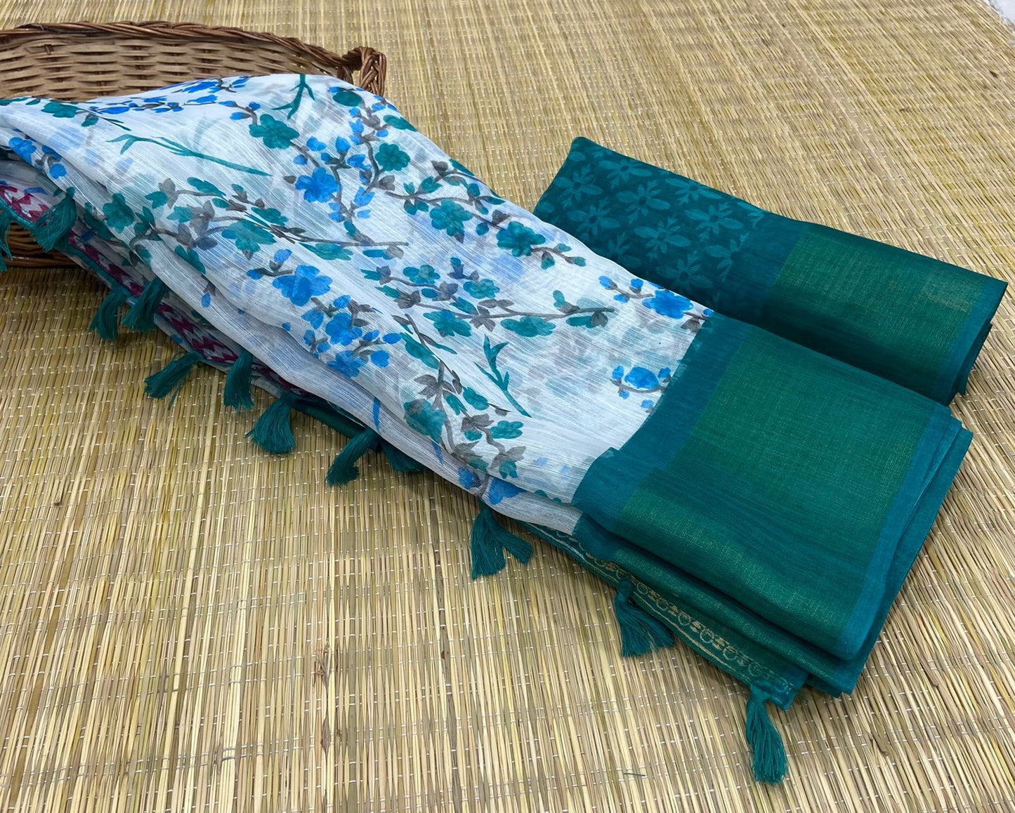 Soft Cotton Slub Saree with HD Floral Print, Zari Weaving Border, and Tassel Pallu for Women