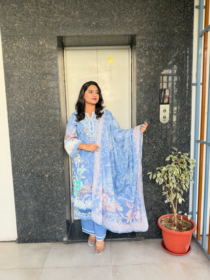 Women’s Pure Cotton Floral Kurta Set with Printed Dupatta – Breathable 3-Piece Set in M to 3XL