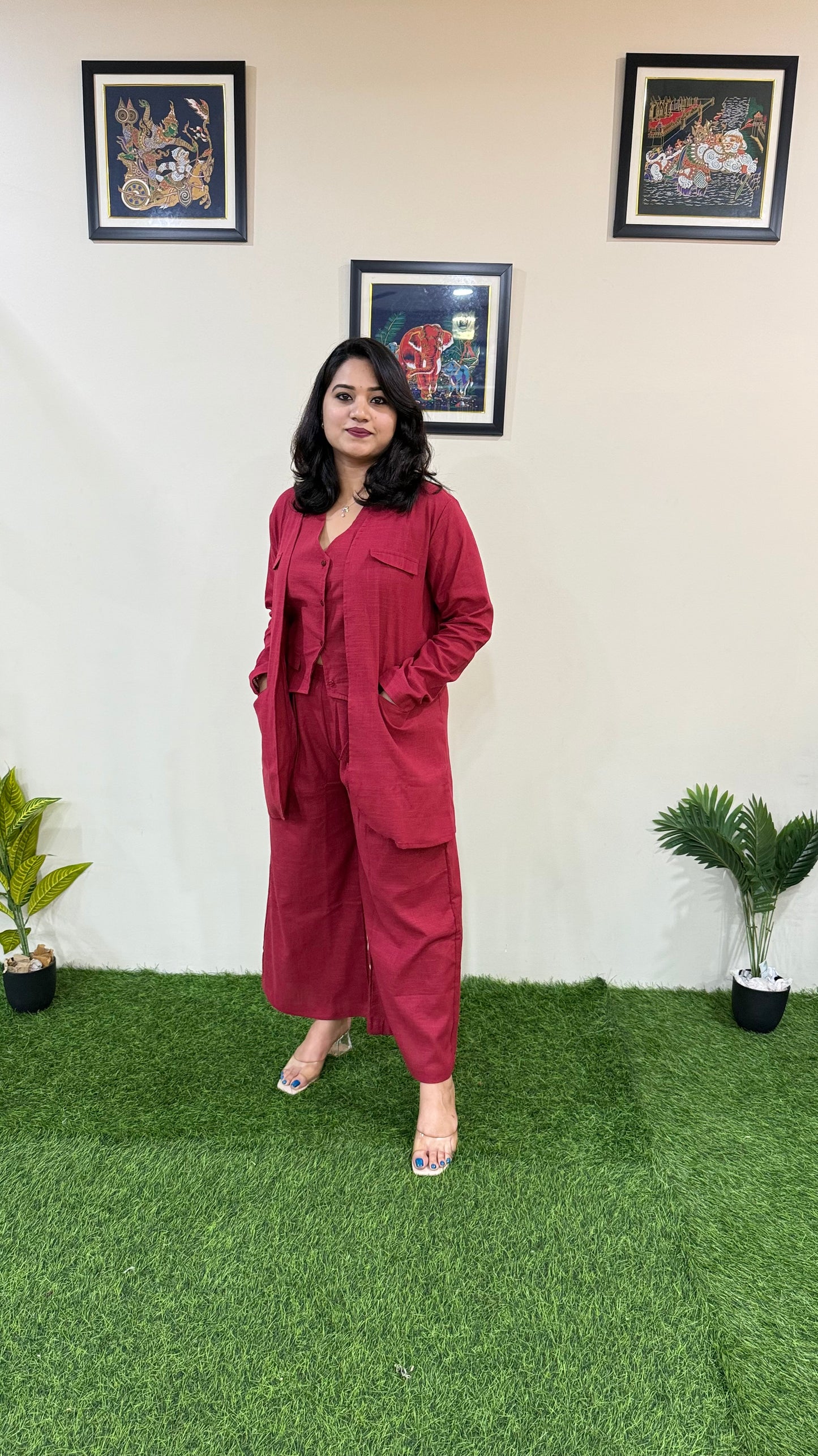 Pure Cotton Slub Bell-Bottom Pants with Halter Neck Waistcoat and Long Blazer – Women’s Three-Piece Set (Sizes 40 to 44)