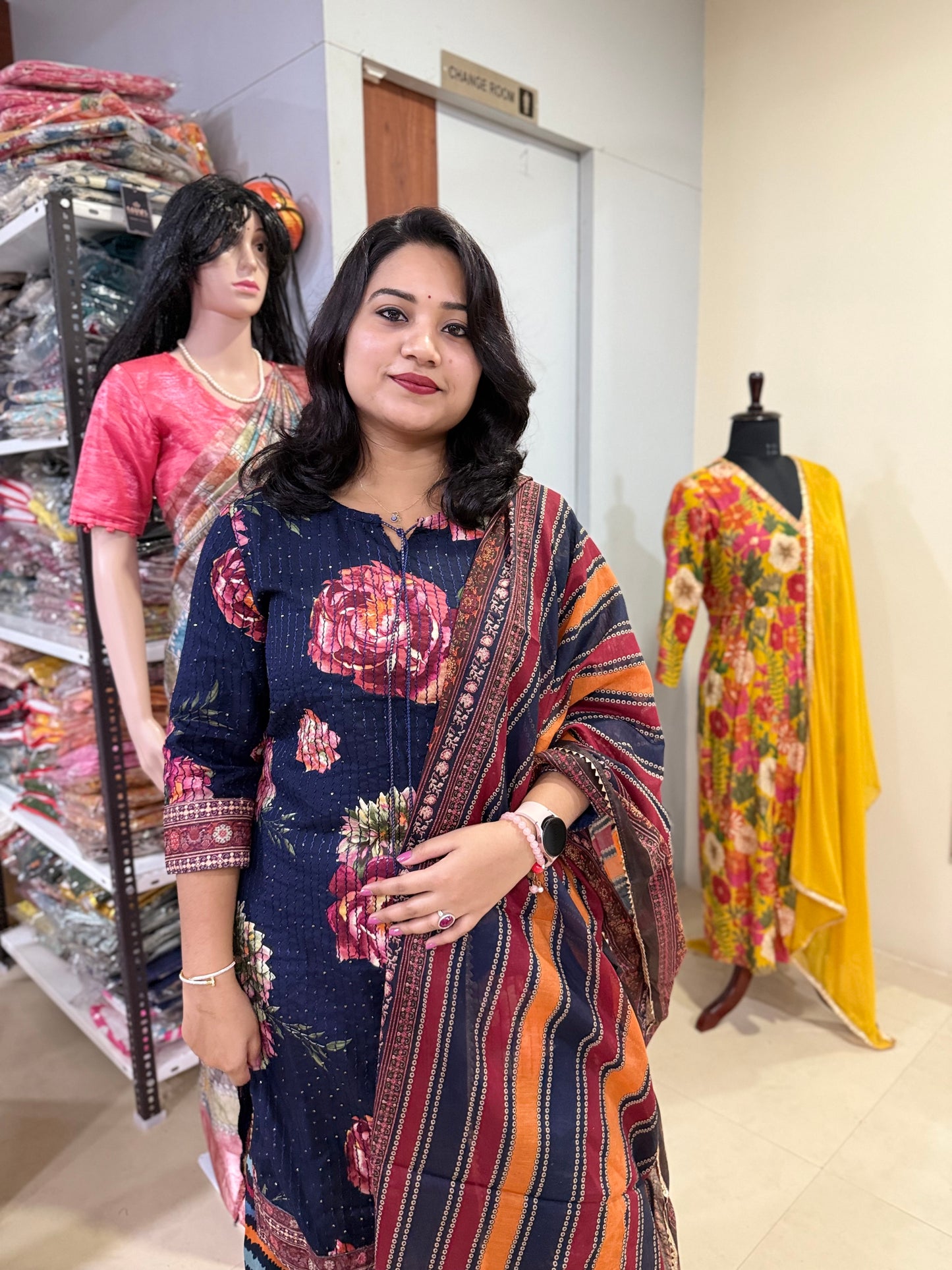 Blue Viscose Kurta Set with Floral Print and Striped Dupatta – Women’s Sizes S to XXL