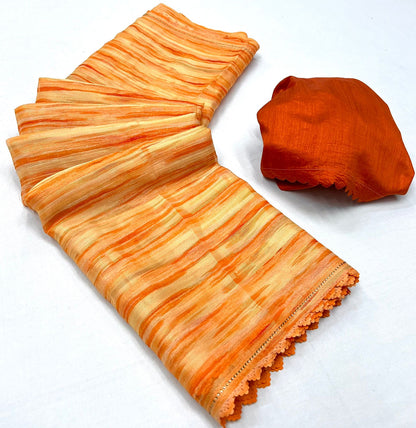 Stunning Gold Georgette Saree with Weaving Zari Sibori Print and Siroski Cutwork Border