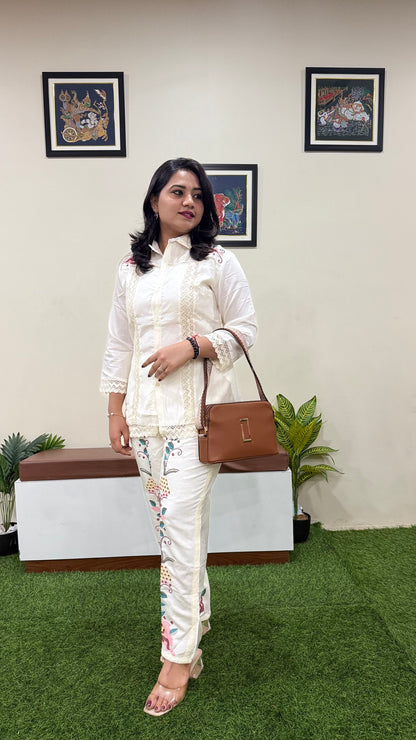 Women's Pure Silk Co-ord Set with Embroidered Straight Pants and Lace-Trimmed Shirt