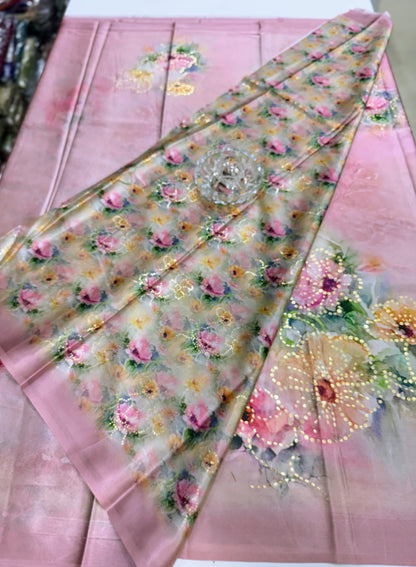 Japan satin saree for women with position print pallu and blouse, soft satin printed saree for festive and casual wear