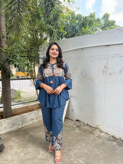 Embroidered Cotton Blend Kurta Pant Set with Bell Sleeves and Hem Work for Women