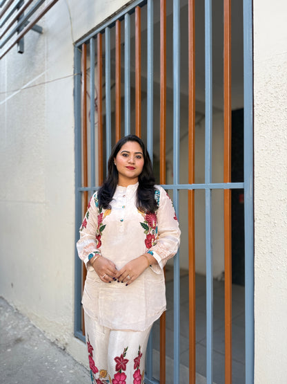 Premium Crepe Co-Ord Set with Floral Placement Print, Button and Tassel Detailing – Ethnic Wear for Women (38 to 44)