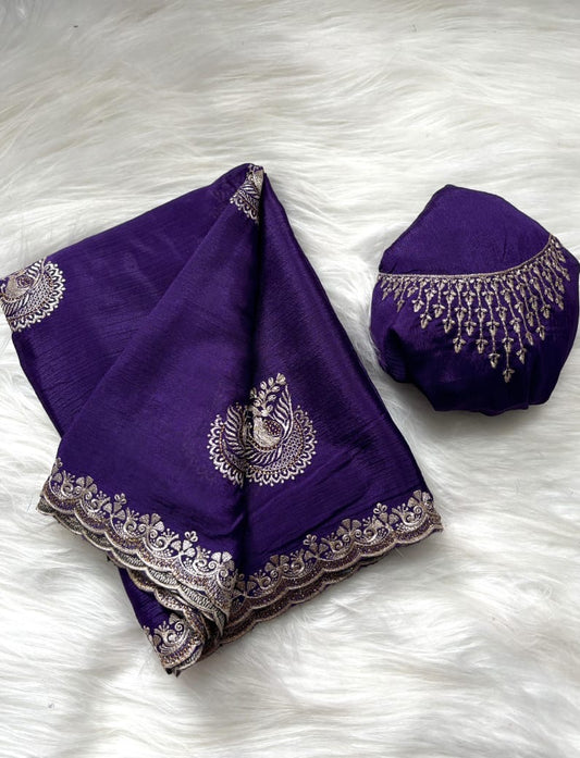 Pure Chinnon Saree with Embroidery, Work & Peacock Butta Motifs – Heavy Embroidered Blouse