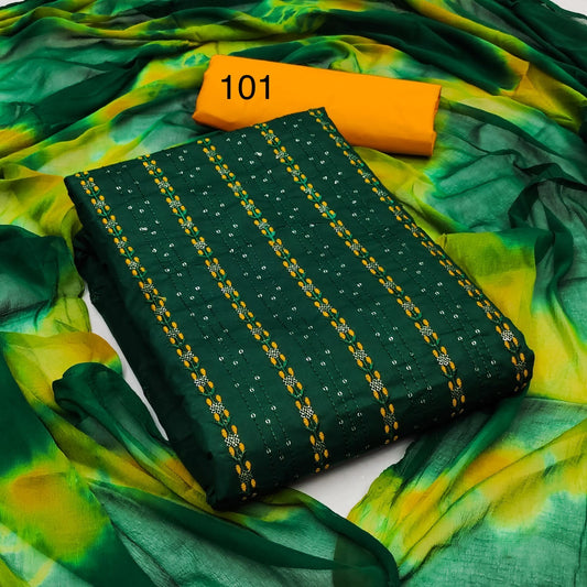 Unstitched Cotton Dress Material with Intricate Work, Cotton Bottom and Najmeen Dupatta