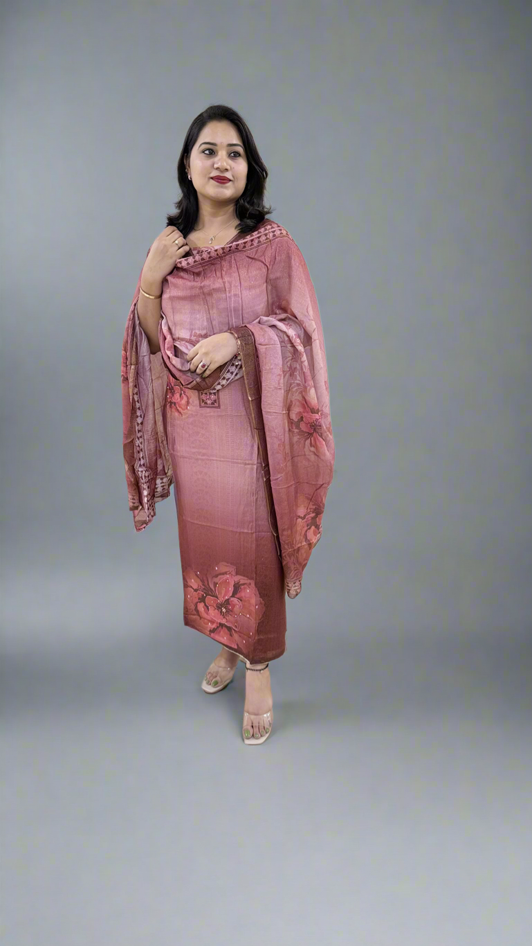 Unstitched Viscose Muslin Shimmer Dress Material with Digital Print, Aari Sequins Mirror Work and Dupatta