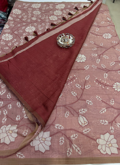 Linen printed saree with floral vine design, contrast border and tassel pallu, women’s daily wear saree
