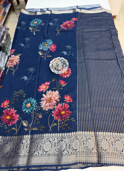 Russian Viscose Crepe Silk Chittpallu Saree with Heritage Print and Zari Border for Women