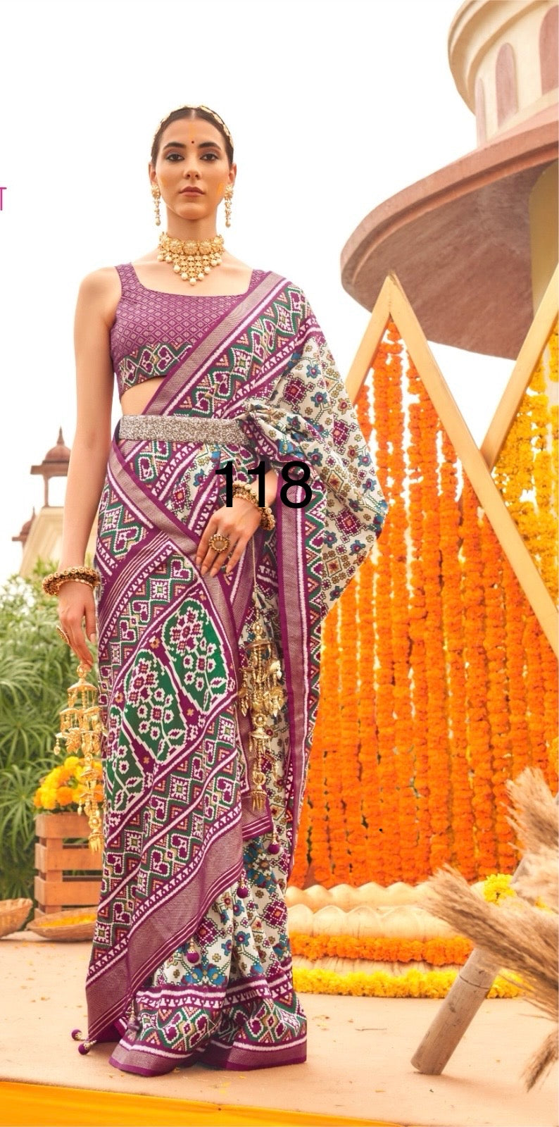 Patola Sigma Silk Saree with Aqwa Finish and Gold Print Waist Belt for Women