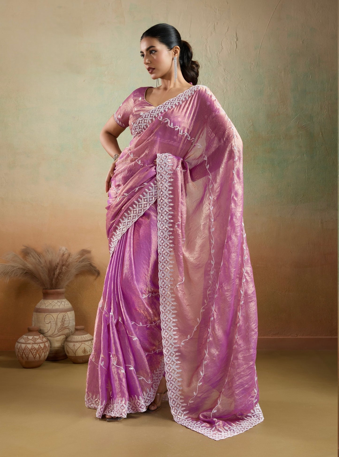 Velvet Chiffon Saree with Sequins Embroidery and Leheriya Flow for Women
