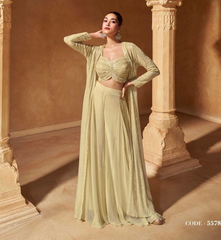 Real Georgette 3-Piece Embroidered Ethnic Set with Front and Back Detailing – Free Size Stitched for Women