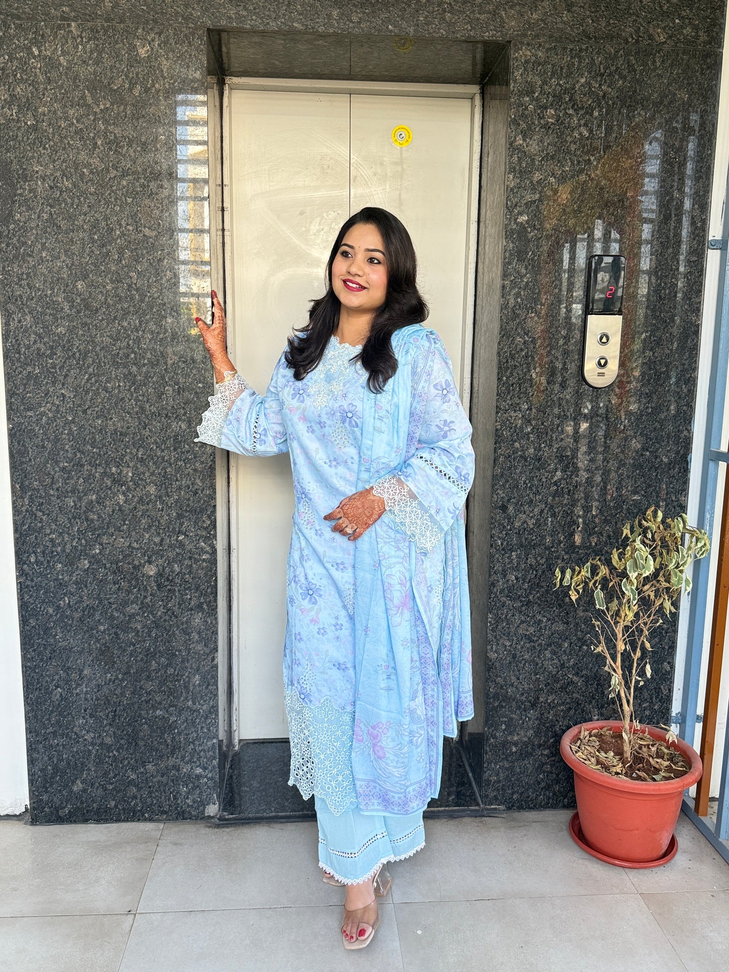 Women’s Pastel Blue Cotton Suit Set with White Lace Embroidery and Dupatta – Sizes M to 3XL